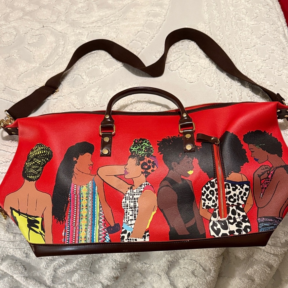 Red Illustrated Travel Duffel Bag with Multicultural Women Motif